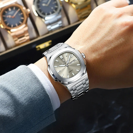 Trendy Casual Wristwatch for Men Week Date Stainless Steel Man Watch Luminous Waterproof Luxury Quartz Men Watches+Box